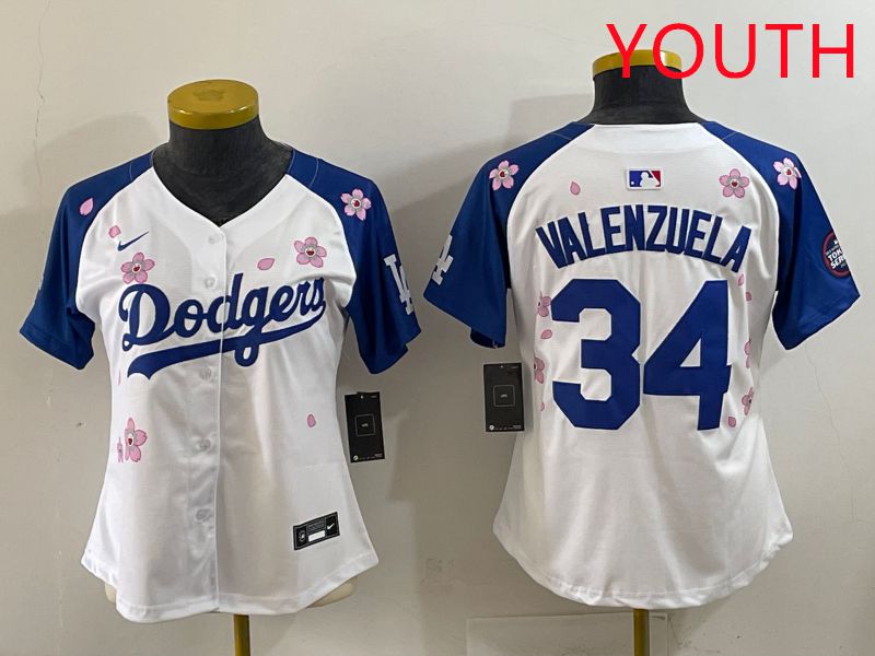 Youth Los Angeles Dodgers #34 Valenzuela White Blue Sakura Edition 2025 Nike MLB Jersey style 31->youth mlb jersey->Youth Jersey